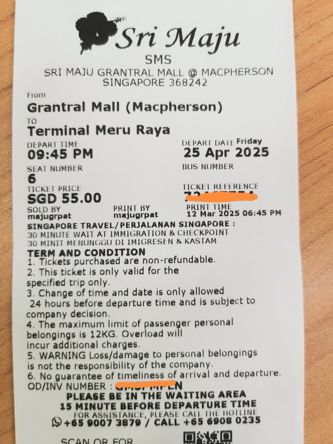 Coach Ticket: Singapore to Ipoh (25 Apr, 9:45PM) - Sri Maju, Tickets ...