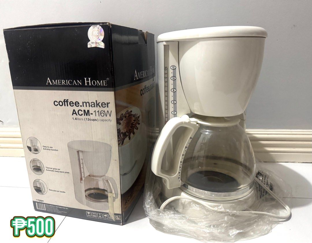 Coffee Maker/American home (Category: Coffee Machines & Makers) located in San Juan City. Submitted by matchlessgetup.ph (Listing ID 1364032100, Image 1). Description: Brand:American Home Model: ACM- 116W Color: white ☑️ perfect for those coffee lovers ☑️ makes up to 12 cups, perfect for family use RFS: this was gifted to me by my sister and I only used it twice but since I’ve got hyperacidity whenever consuming coffee since then i stopped from d