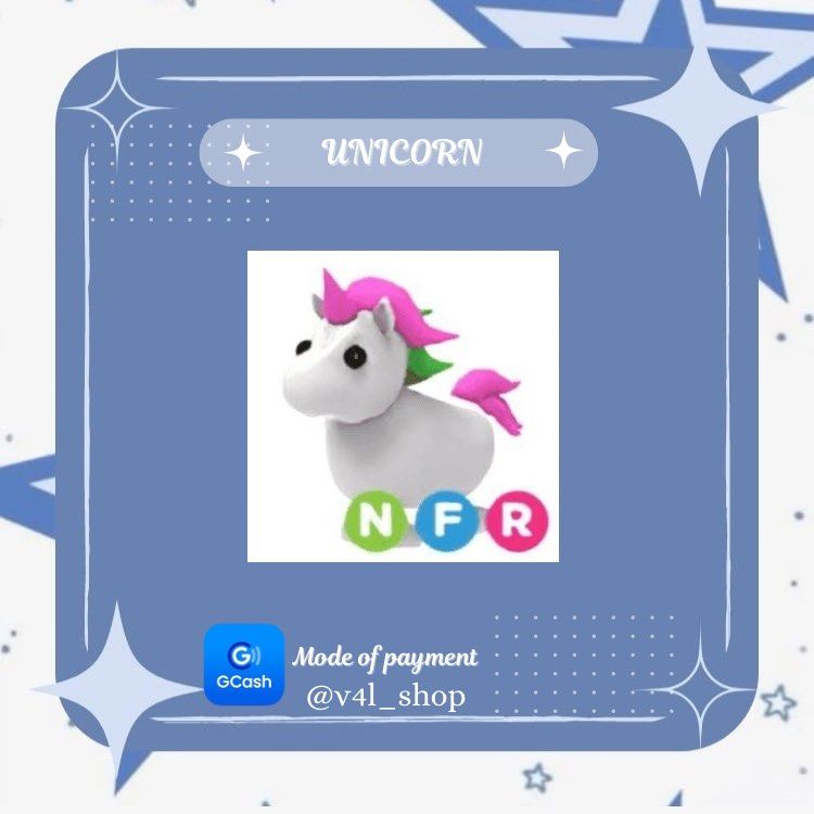 NFR UNICORN | ADOPT ME PETS | ROBLOX (Category: In-Game Products) located in Manila. Submitted by v4l_shop (Listing ID 1363924724, Image 1). Description: NFR UNICORN Hello! Are you looking for any specific pets? Welcome to v4l_shop! 🌸 Kindly payment first is required, and you receive the pet immediately! 📌Do send a screenshot of the receipt as proof that you sent the money, once the payment is confirmed provide your username so that i can add y