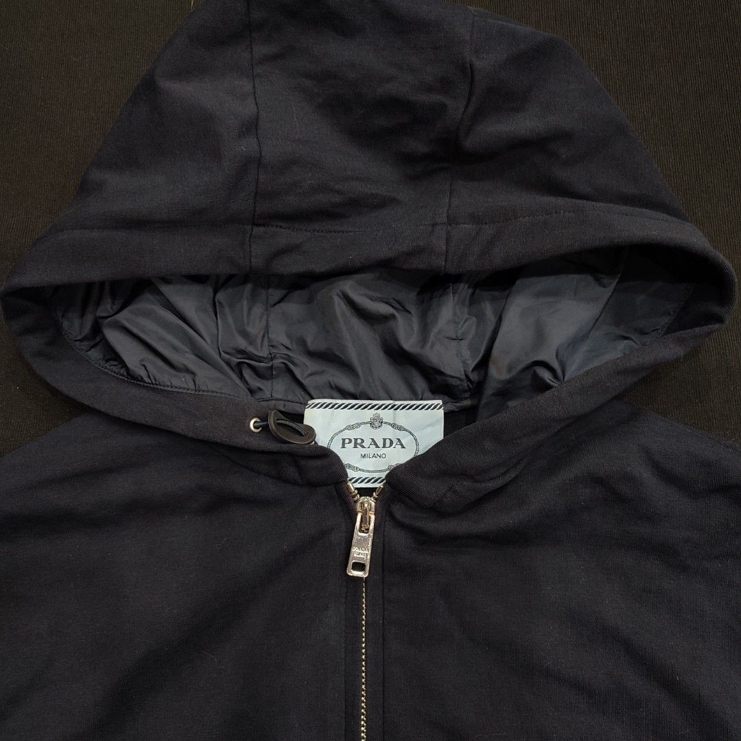 Prada Zip Hoodie Side Logo (Category: Luxury Apparel) located in Taytay. Submitted by highendmnl (Listing ID 1363978031, Image 2). Description: Prada Zip Jacket Wmns size Large 21x24 Side logo Excellent condition Tat Underzip Dm.