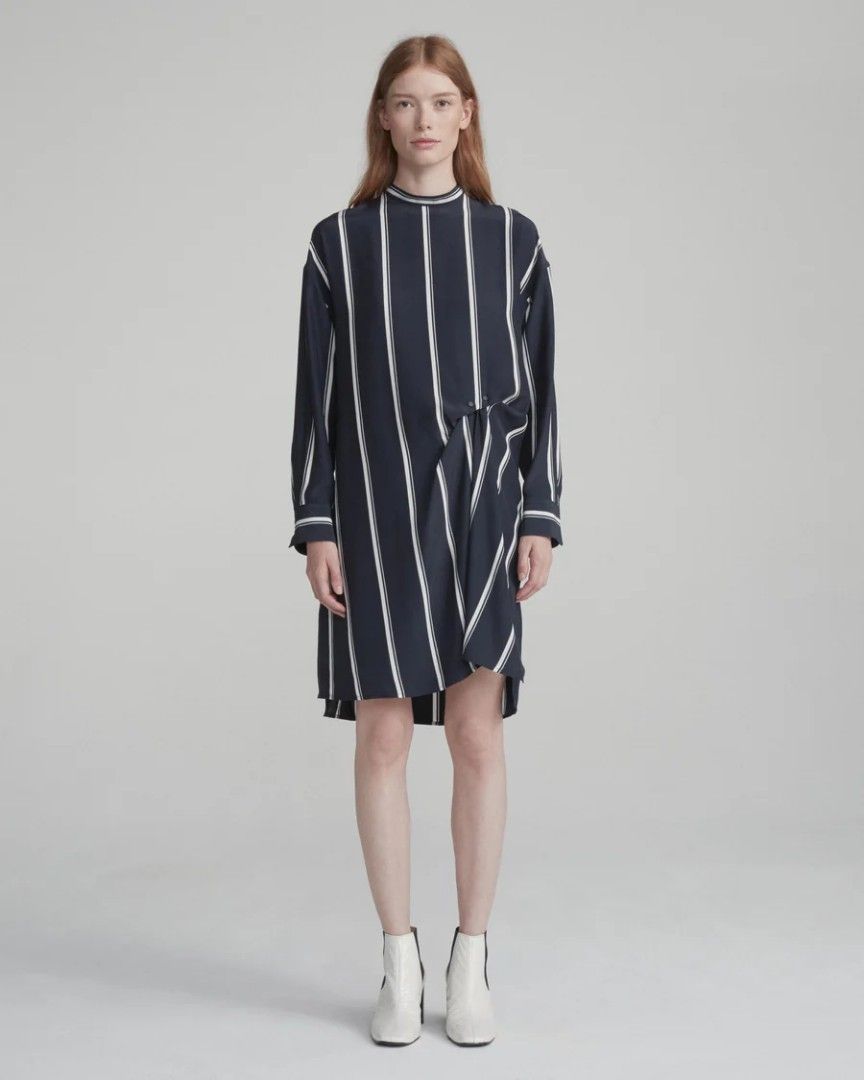 RAG AND BONE Jacklin Silk Asymmetrical Dress (Category: Luxury Apparel) located in General Santos City (Dadiangas). Submitted by amzonshop (Listing ID 1363989794, Image 1). Description: RAG AND BONE Jacklin Silk Asymmetrical Dress Dark blue & white stripes Large Bust: 44" Waistline: 40" Length: Front - 37" / Back - 40".