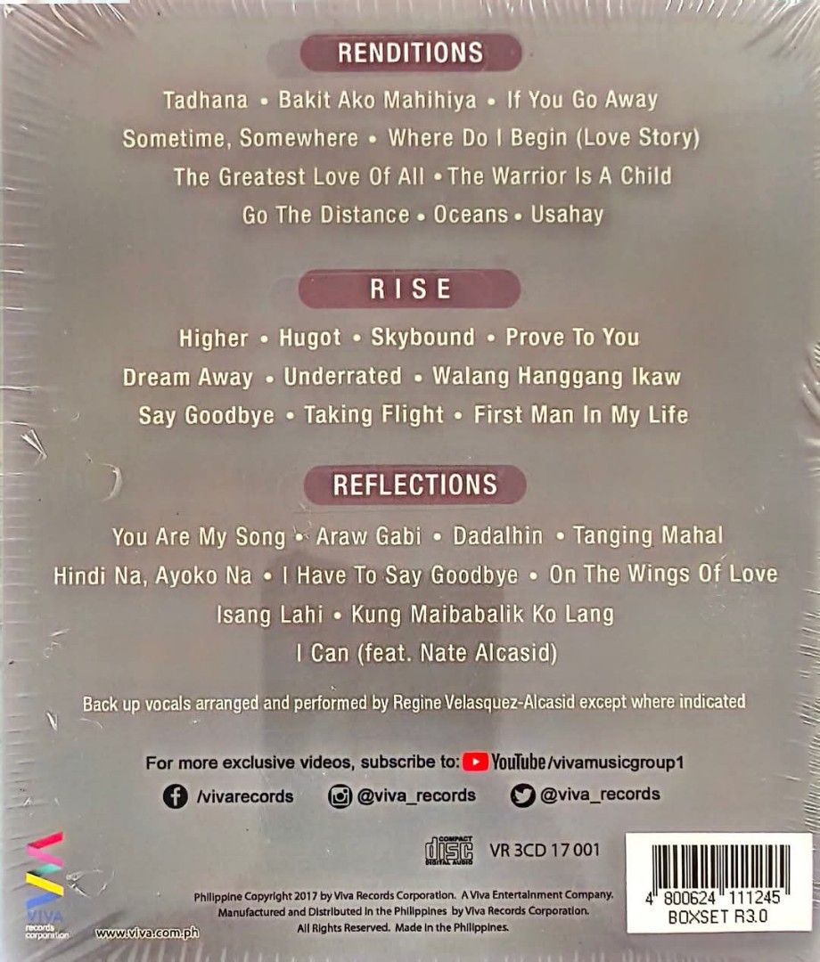 Regine Velasquez - R 3.0 (Category: CDs & DVDs) located in Angeles City. Submitted by backtraxx_music_shop2025 (Listing ID 1364014636, Image 2). Description: Regine Velasquez - R 3.0 Brand New & Factory Sealed 3 Disc Set (Renditions, Rise & Reflections) 500 pesos.