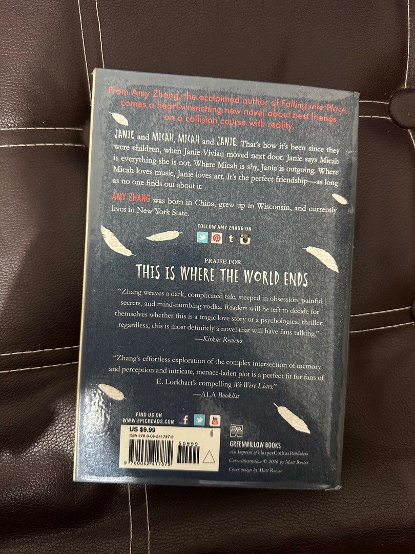 This is Where the World Ends by Amy Zhang (Category: Storybooks) located in Makati City. Submitted by ralfunny (Listing ID 1364002882, Image 2). Description: Covered with adhesive plastic cover..