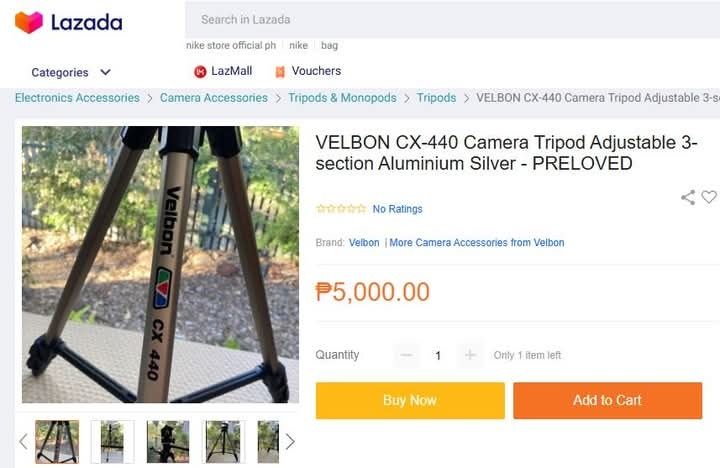Tripod VELBON CX-440 for Professionals (Category: Tripods & Monopods) located in Quezon City. Submitted by bagong_luma_thrift_shop (Listing ID 1364037692, Image 2). Description: VELBON CX-440 Camera Tripod Adjustable 3-section Aluminium Silver P1,750 only Like new..