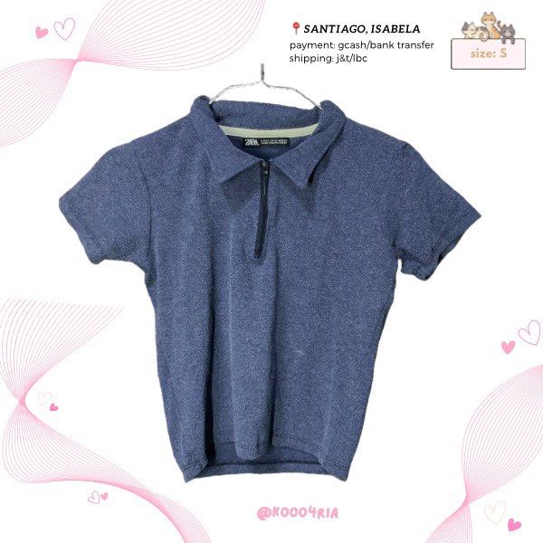 ZARA blue collar with zipper top (Category: Shirts) located in Santiago. Submitted by kooo4ria (Listing ID 1364044332, Image 1). Description: 🏷️ preloved basic top.