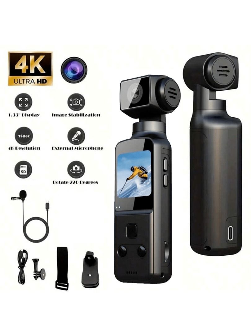 4K USB Rechargeable 270 Degree Rotatable Video Camera With 1.33" CMOS, Stabilization, Suitable For Vlogging, Live Streaming, Video Recording628647208993311122
