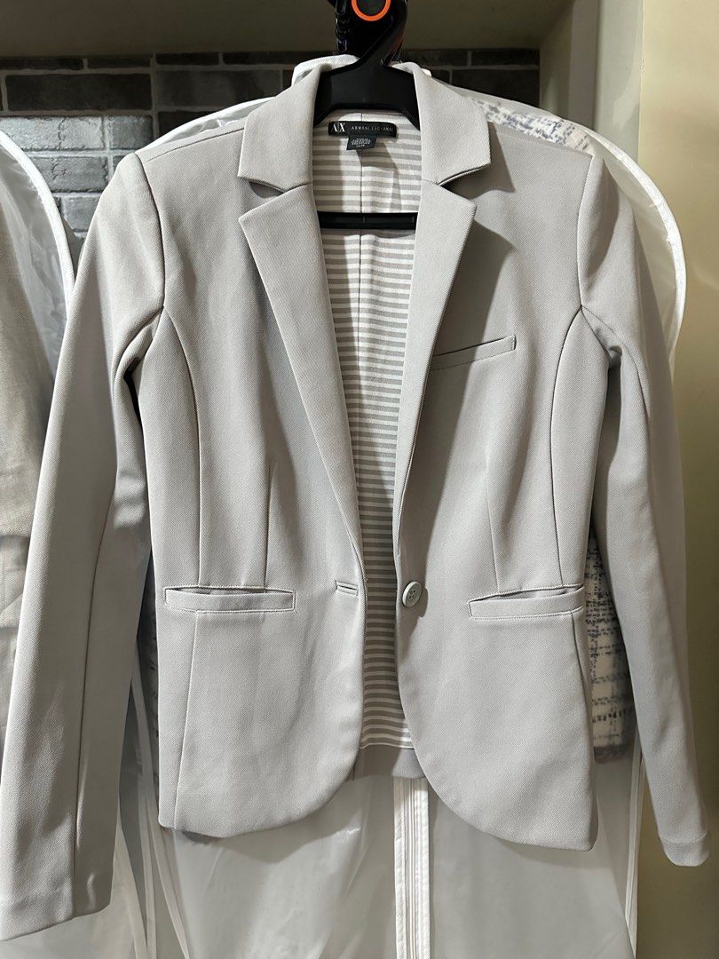 [SALE] Armani Exchange Blazer (Light Gray) (Category: Coats, Jackets and Outerwear) located in Mandaluyong City. Submitted by rybalev (Listing ID 1364149123, Image 1). Description: 14” shoulder width 16” armpit to armpit width 22” length Color: Light silver gray Color rate and condition: 9/10 Size: XS Like new condition Body and lining is 100% polyster RFS: Decluttering Plus shipping fee Loc: Mandaluyong .