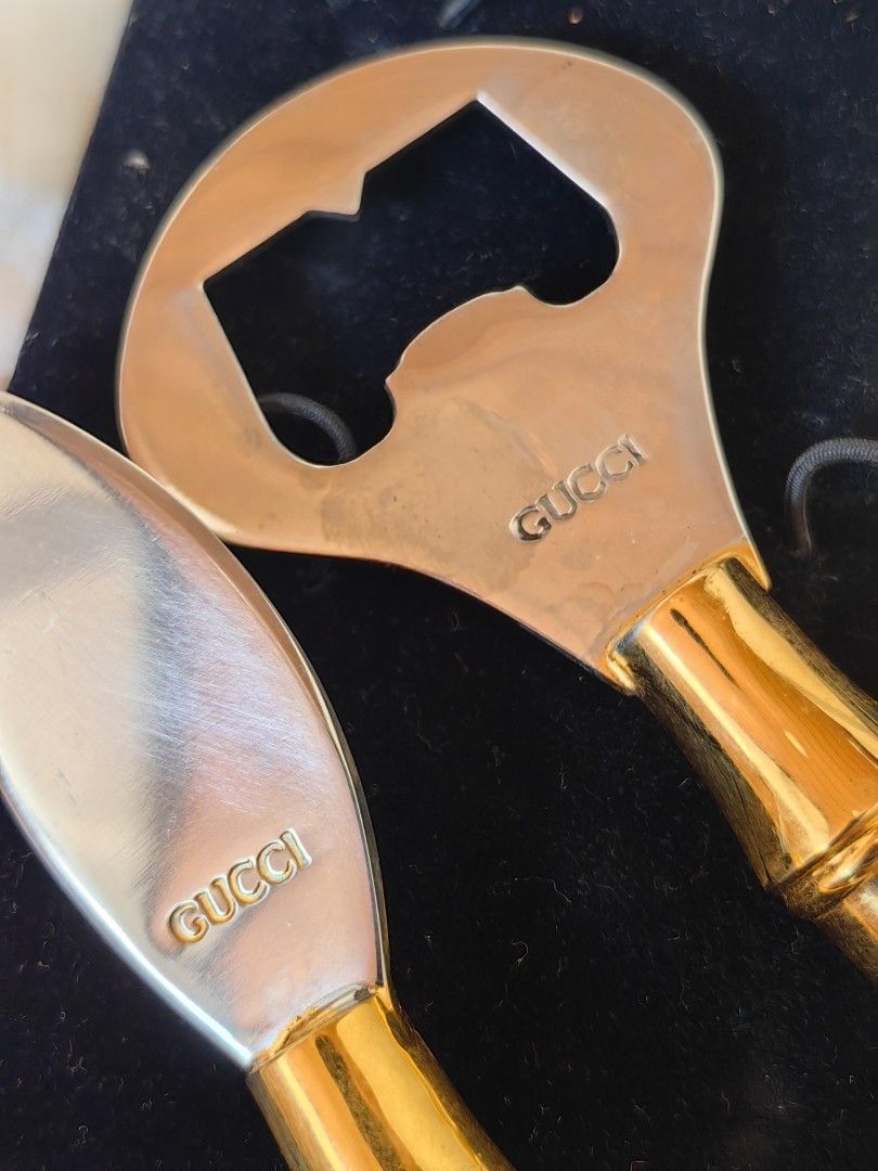 Authentic GUCCI Bottle Opener Set 1970s (Category: Luxury Accessories) located in Quezon City. Submitted by maneradesignersboutique (Listing ID 1364060722, Image 2). Description: 💯% Guaranteed authentic *Brand: GUCCI *Materials: Brass *Color: two tone *Size: 13cm *Condition: Brandnew -Used * Inclusions: box Open for LAYAWAY 20% down payment 80% payable in 60 - 90 days with 0 interest at regular posted price. Client will only recieve item once it