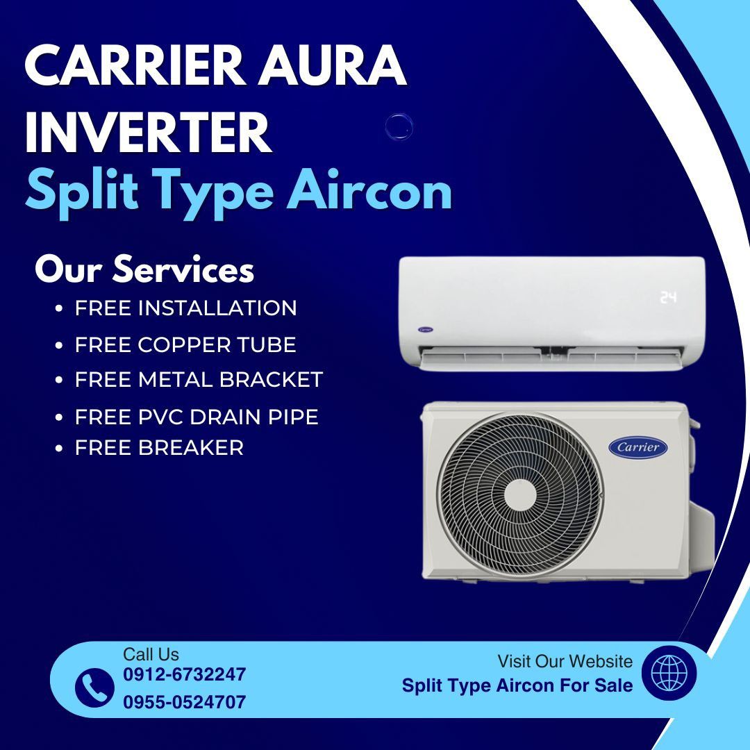 Carrier Aura Inverter Split Type Aircon Free Installation (Category: Air Conditioning and Heating) located in Manila. Submitted by airconspli36053 (Listing ID 1364073208, Image 1). Description: ‼️ LOOKING FOR TRUSTED AIRCON PROVIDER? ☑️ CASH ON DELIVERY ("Door-to-Door") ☑️ BRANDNEW AIRCON SPLIT TYPE WITH SEALED. ☑️ COMPLETE RECEIPT ☑️ WITH WARRANTY ☑️ FREE INSTALLATION For concern, orders & inquiries Pls Contact: 📞 09126732247 📞 09550524707.