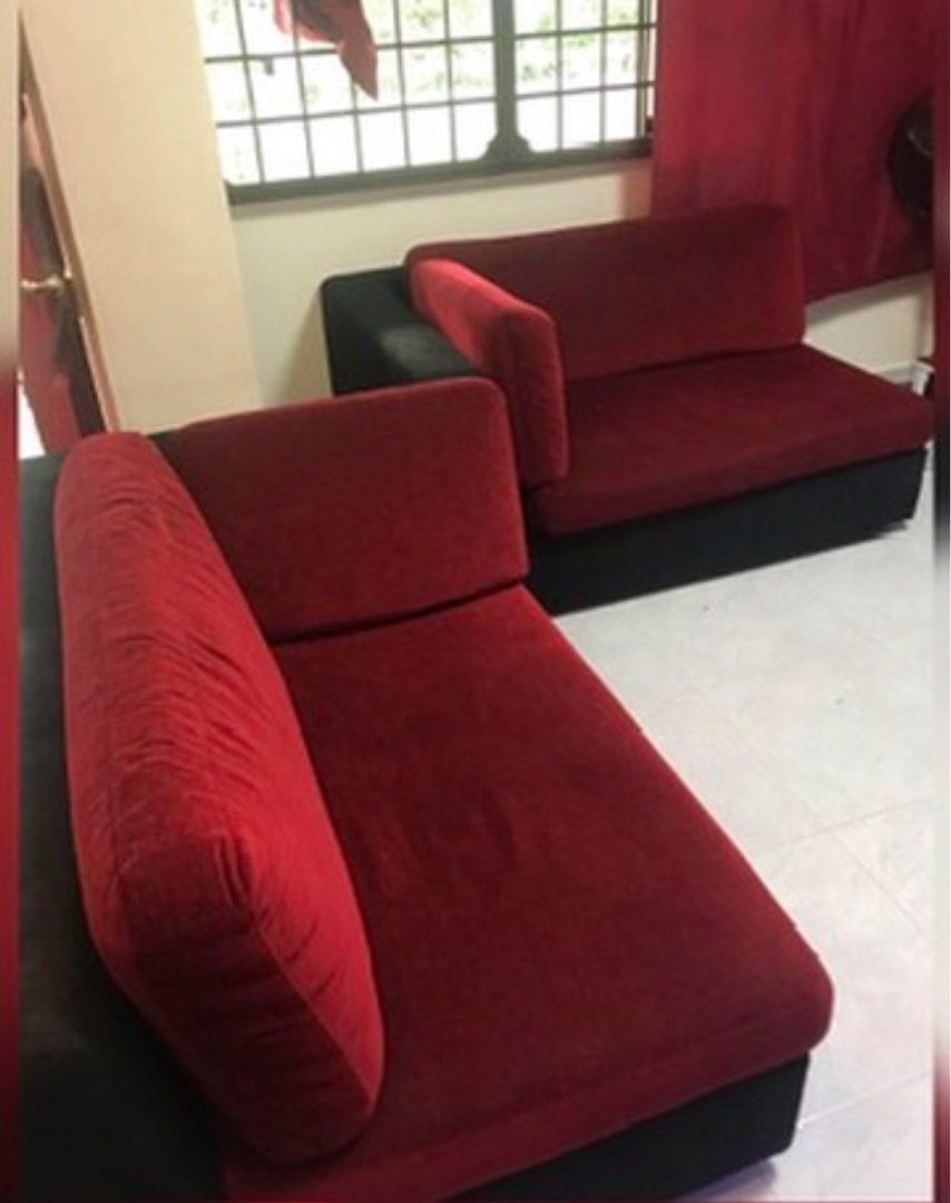 Double 2 seaters sofas (Category: Sofas) located in Singapore. Submitted by devstudioproductions (Listing ID 1364223586, Image 2). Description: Bought it on 2022 from courts. Can buy separately also $100 each. One side sofa there’s a slight torn. Can sew if u want. And the covers can be customized as well. All easily removable. Customized color selection Red & Black. Still in good condition. Bought it for $2K plus. Very low price already. Easily 