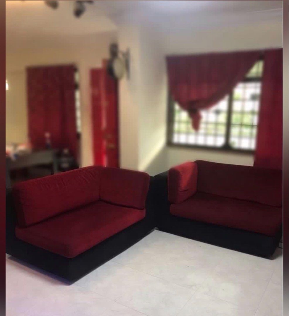 Double 2 seaters sofas (Category: Sofas) located in Singapore. Submitted by devstudioproductions (Listing ID 1364223586, Image 1). Description: Bought it on 2022 from courts. Can buy separately also $100 each. One side sofa there’s a slight torn. Can sew if u want. And the covers can be customized as well. All easily removable. Customized color selection Red & Black. Still in good condition. Bought it for $2K plus. Very low price already. Easily 