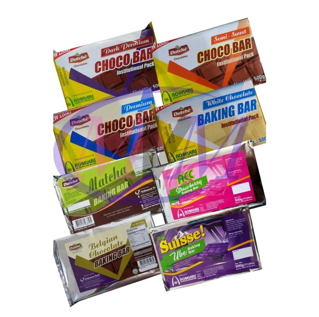 Dutche Chocolate bars (Category: Packaged & Instant Food) located in Mandaluyong City. Submitted by mizzy.mizzy (Listing ID 1364145438, Image 1). Description: Ideal as grated chocolate garnish, melted chocolate and or as chocolate bar for consumption in itself Available in 8 Variants: White, Dark, Premium, semi sweet, strawberry and ube - 140.00 matcha - 163.00 Belgian- 245.00 DISCOUNT PRICE FOR BULK ORDERS! MIN. 1 BOX ASSORTED PM FOR DETAILS. al