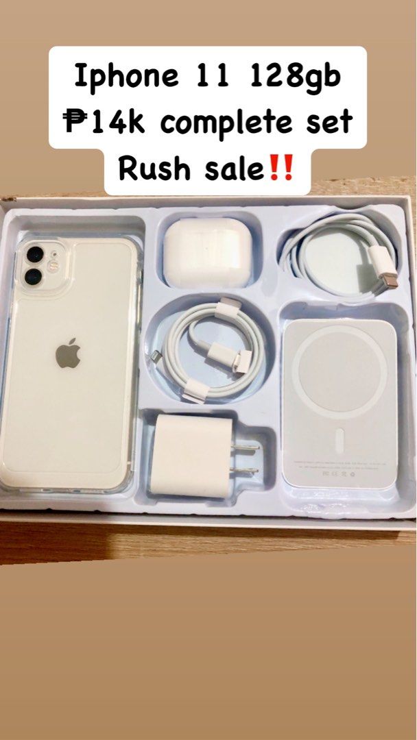 Iphone 11 128gb full freebies (Category: iPhone 11 Series) located in Quezon City. Submitted by ConsumerGoodies (Listing ID 1364079203, Image 1). Description: Iphone 11 128gb FREE‼️‼️‼️ Magsafe Charger Airpods Powerbank White!!!! Loc: Shell Bonny Serrano/Cubao meet up.