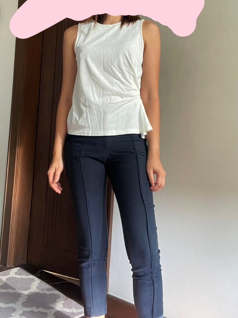 Mango Blue Slacks and White Sleeveless Top (Category: Other Bottoms) located in Quezon City. Submitted by camiestuff (Listing ID 1364134600, Image 1). Description: Choose 1 for P150 Both for P280 Perfect for corporate/ business attire Mabilis malukot yung top. .