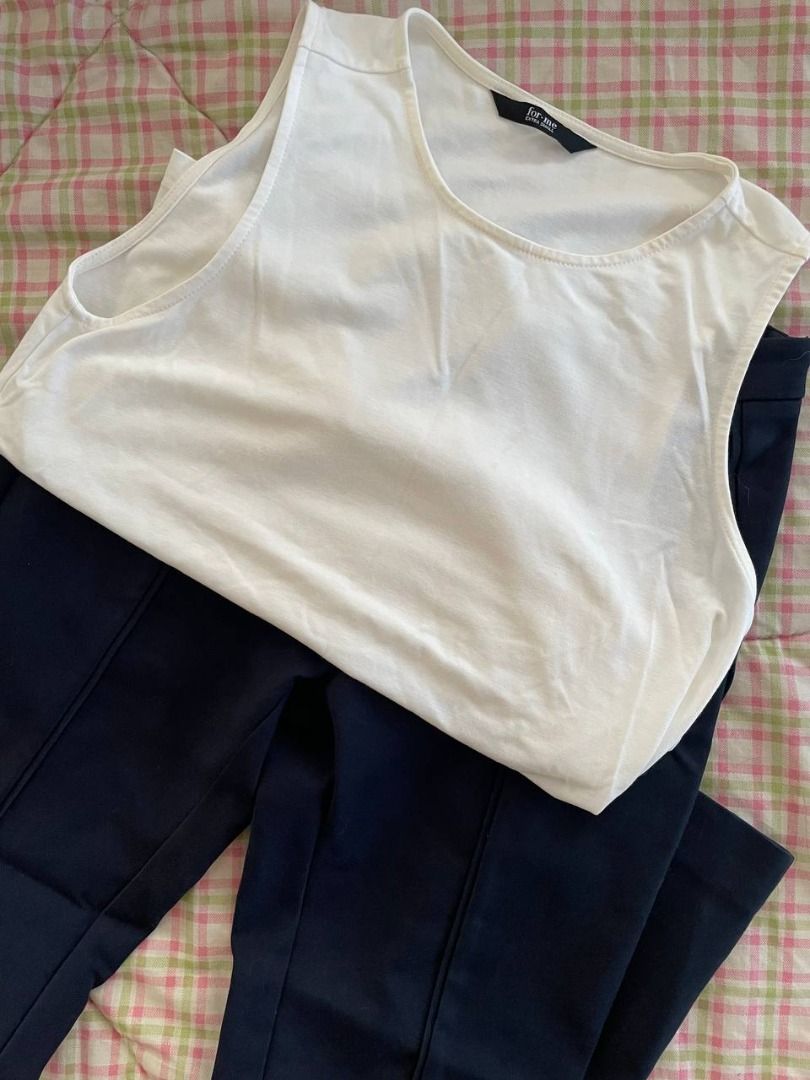 Mango Blue Slacks and White Sleeveless Top (Category: Other Bottoms) located in Quezon City. Submitted by camiestuff (Listing ID 1364134600, Image 2). Description: Choose 1 for P150 Both for P280 Perfect for corporate/ business attire Mabilis malukot yung top. .