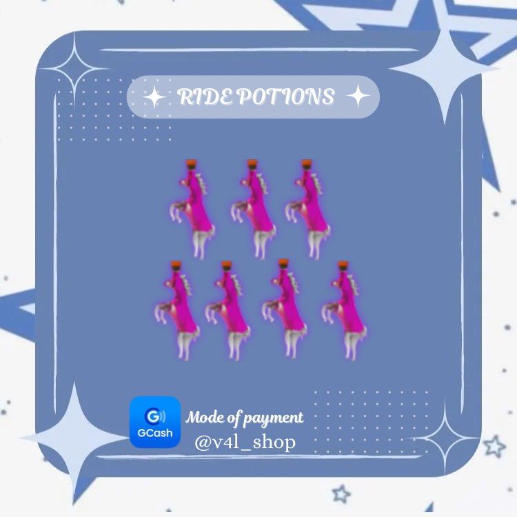 RIDE POTIONS BUNDLE | ADOPT ME PETS | ROBLOX (Category: In-Game Products) located in Manila. Submitted by v4l_shop (Listing ID 1364076557, Image 1). Description: RIDE POTIONS BUNDLE Hello! Are you looking for any specific pets? Welcome to v4l_shop! 🌸 Kindly payment first is required, and you receive the pet immediately! 📌Do send a screenshot of the receipt as proof that you sent the money, once the payment is confirmed provide your username so 
