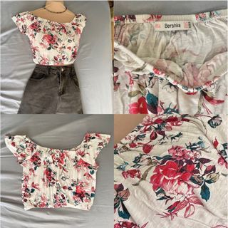 SS14. OFF WHITE FLORAL CROP TOP OFF SHOULDER (BERSHKA) ACUBI ARTSY ARTHOE BEACH BOHO BOHEMIAN CASUAL COMFY CUTE COUNTRY COASTAL ECLECTIC FEMININE FOLK HIPPIE INDIE PRAIRIE RETRO RUSTIC SOFT GIRL TOMATO TWEE Y2K 80s 90s 2000s
