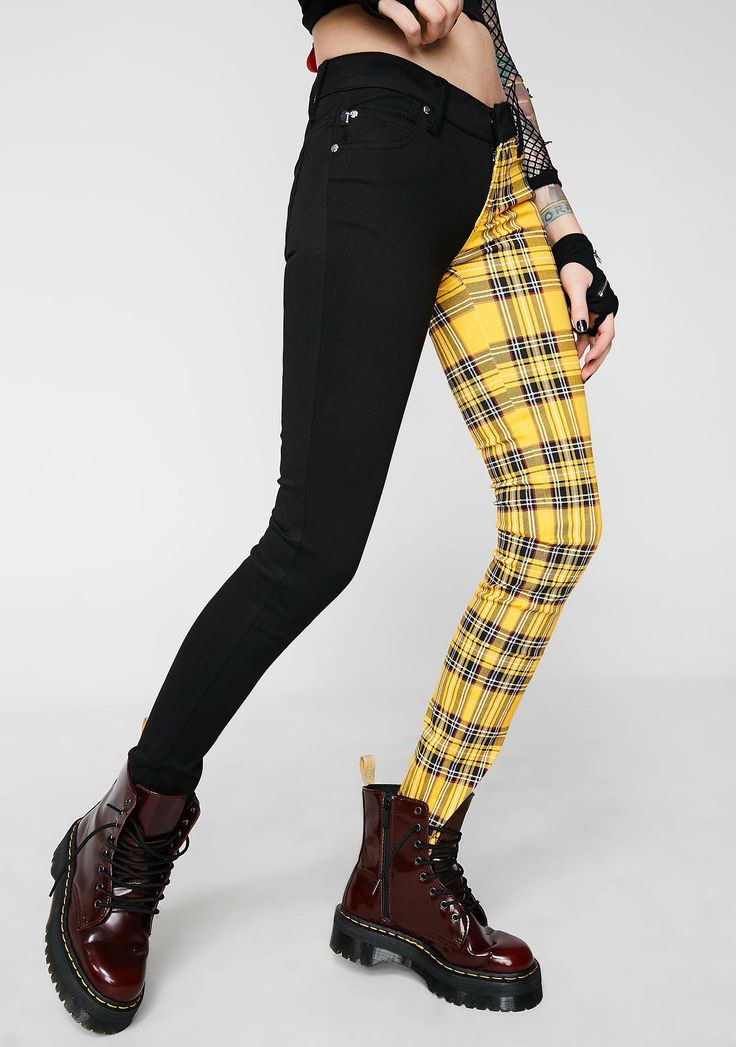 TRIPP NYC Split Personality Black x Yellow Plaid Jeans ( Skinny , emo ...