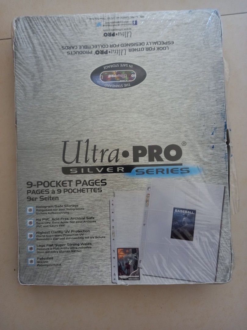 Ultra Pro Nine sleeves 100 pages (Category: Trading Cards Accessories) located in Quezon City. Submitted by Msian (Listing ID 1364117959, Image 1). Description: For sale Ultra Pro Nine sleeves 100 pages Sealed brand new Buyer pays Grab Lalamove Location: Cubao Quezon City MOP: Gcash.