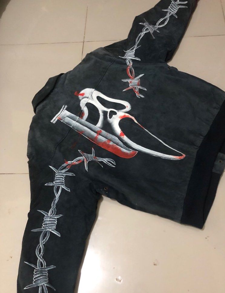 Vintage St. Johns Bay - Customized Suede Leather Jacket (Category: Coats, Jackets and Outerwear) located in Cavite. Submitted by makeitdrippy (Listing ID 1360137502, Image 2). Description: Hand-painted “Scream” Reference Medium | 23 Width 25 Length Good Condition Diamond stiching Signs of usage Details on slides ~ 🧾 MOP: GCash 🚚 Courier: J&T or Lalamove 📍 Location: BACOOR, CAVITE .