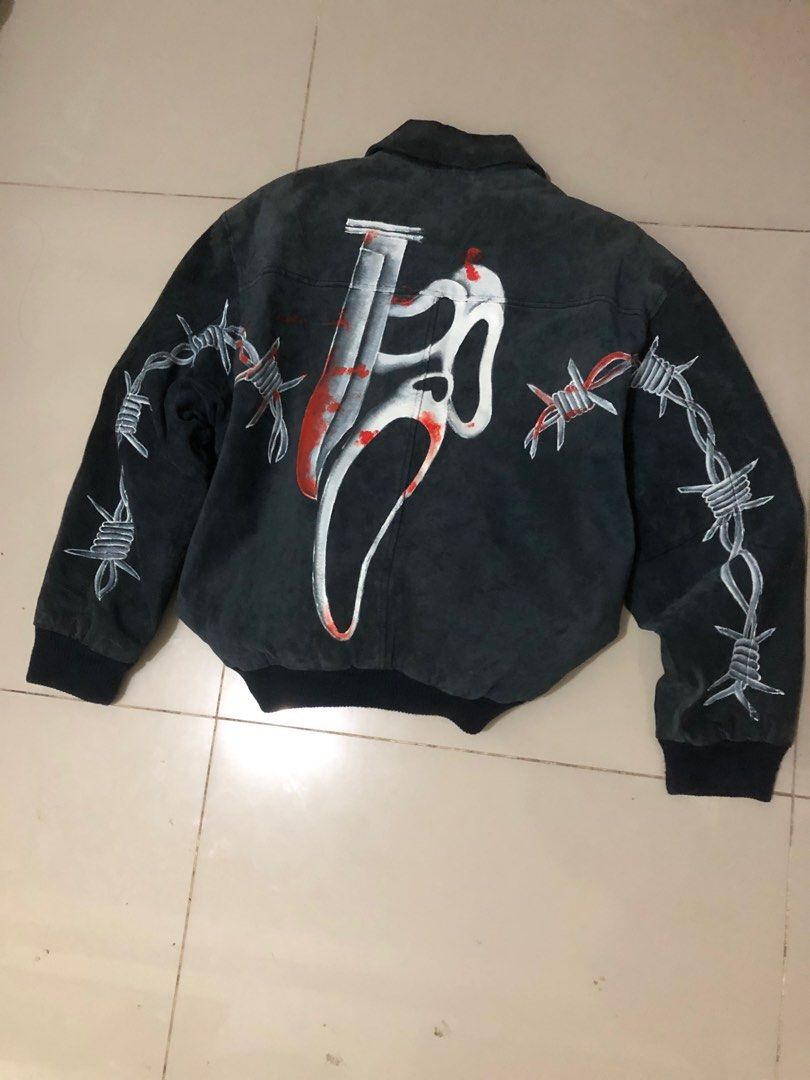 Vintage St. Johns Bay - Customized Suede Leather Jacket (Category: Coats, Jackets and Outerwear) located in Cavite. Submitted by makeitdrippy (Listing ID 1360137502, Image 1). Description: Hand-painted “Scream” Reference Medium | 23 Width 25 Length Good Condition Diamond stiching Signs of usage Details on slides ~ 🧾 MOP: GCash 🚚 Courier: J&T or Lalamove 📍 Location: BACOOR, CAVITE .