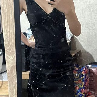 Zara Satin Backless V Neck Slit Black Midi Maxi Low Cut Trafaluc Collection Dress (Event, Beach, Party, Birthday, Club, Chic, Classy, Formal, Elegant)