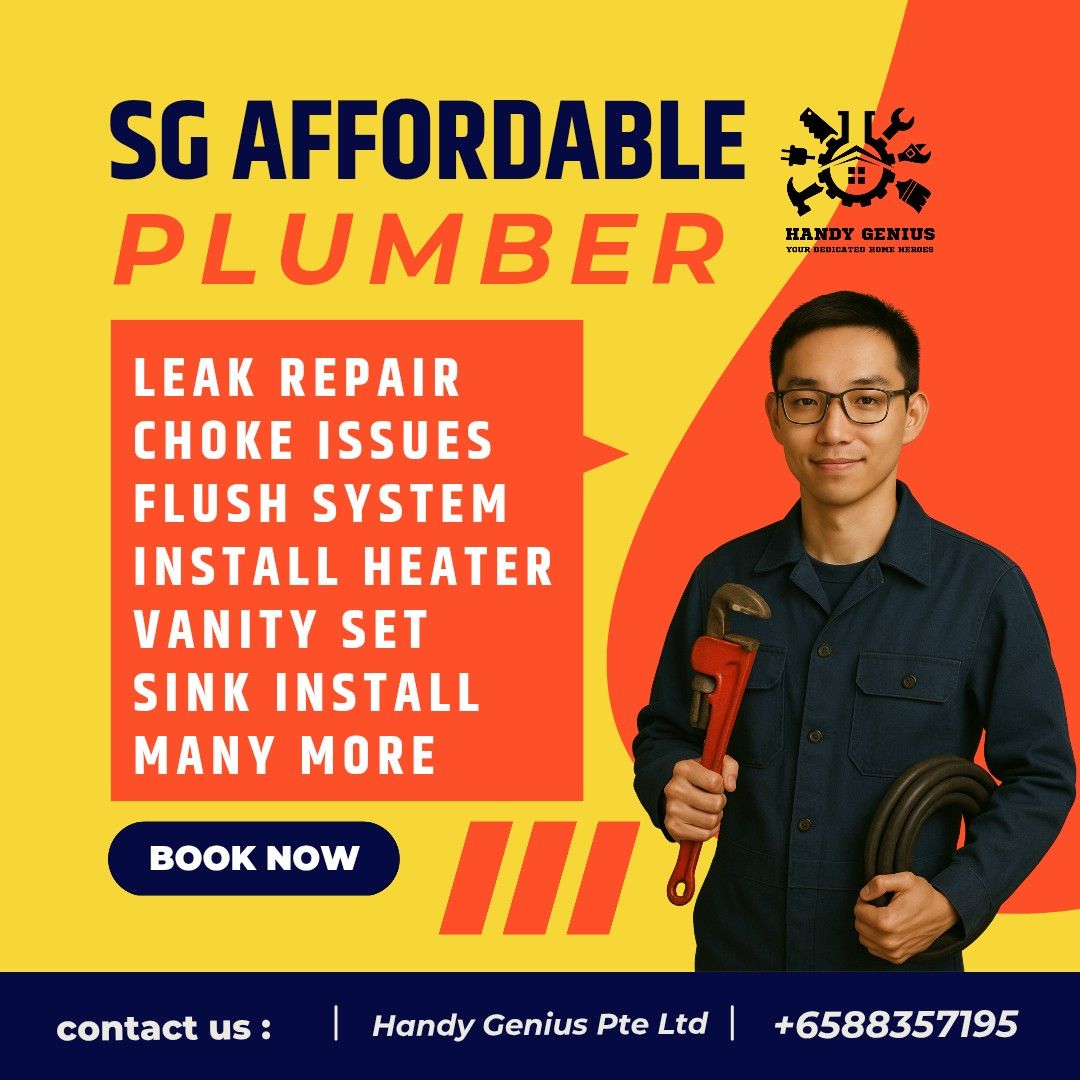 24/7 Plumber/Storage Heater Install/Instant Heater Install/Vanity Set Install/Sink Install/Basin Install/Rainshower Install/Tap Install/Leaking/Flush system repair/Leaking pipes Repair/Affordable/Install Toilet bowl/Handyman/LockSmith/Electrician (Category: Plumbing Services) located in Singapore. Submitted by handy_genius (Listing ID 1286131275, Image 1). Description: Handy Genius Plumbing – Singapore’s Most Affordable & Reliable Plumber! With o