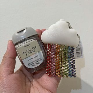 Bath and Body Works Pocketbac Holder Glitter Cloud Rainbow Gemstones White Tea and Sage Hand Sanitizer Bundle