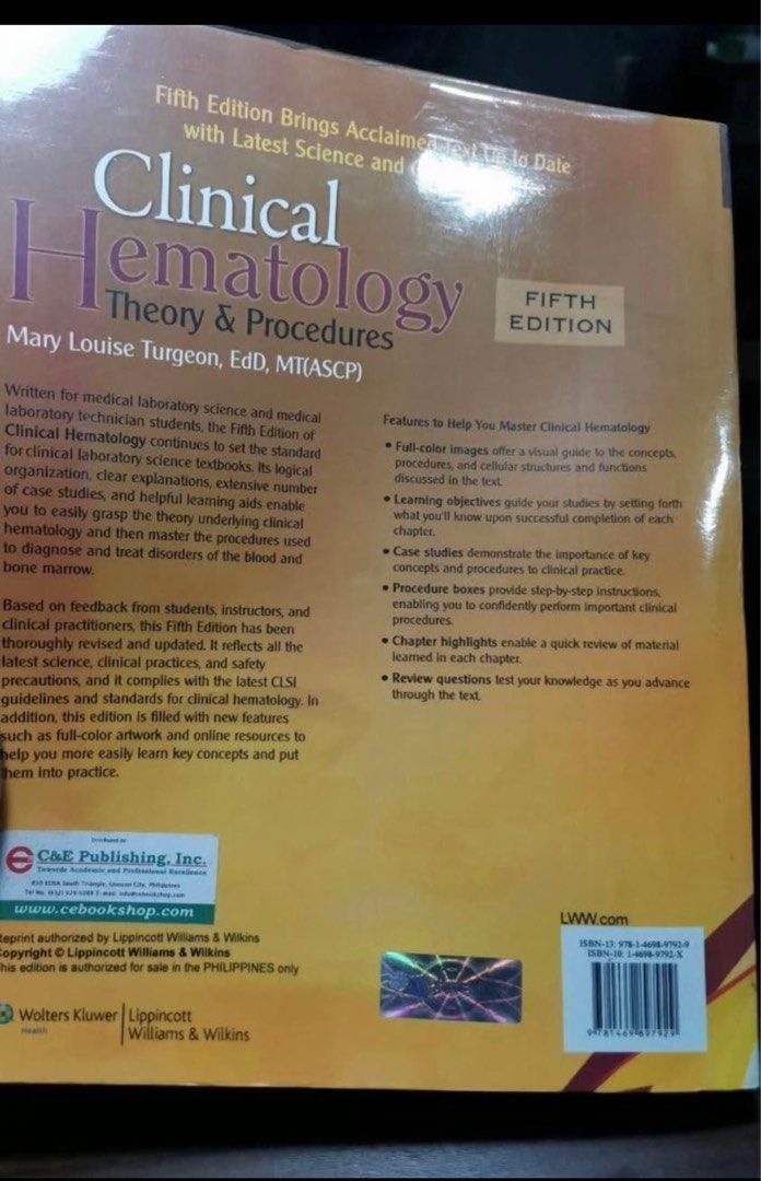 Clinical Hematology by Turgeon 5th ed (Category: Textbooks) located in Bulacan. Submitted by unkn0wned1 (Listing ID 1364245573, Image 3). Description: orig C&E w/ minimal highlights .