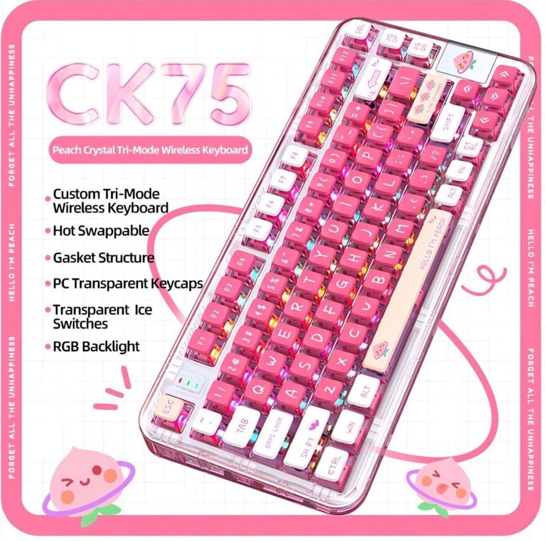 Coolkiller CK75 Wireless Hot Swappable Mechanical Keyboard, Transparent Acrylic Gasket Mounted Keyboard for for Windows/Mac(Meow Switch,Peach Pink)63223792469505113