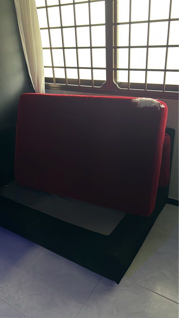 Double 2 seaters sofas (Category: Sofas) located in Singapore. Submitted by devstudioproductions (Listing ID 1364223586, Image 3). Description: Bought it on 2022 from courts. Can buy separately also $100 each. One side sofa there’s a slight torn. Can sew if u want. And the covers can be customized as well. All easily removable. Customized color selection Red & Black. Still in good condition. Bought it for $2K plus. Very low price already. Easily 