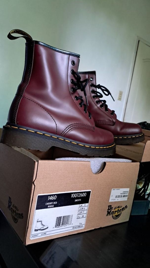 Dr. Martens 1460 Cherry Red Rouge (US 7) (Category: Boots) located in Quezon City. Submitted by zpdlt (Listing ID 1364311793, Image 1). Description: Dr. Martens 1460 Cherry Red Rouge (Smooth) UK 5 / EU 38 / US 7 (W) / US 6 (M) Used once. Kept in the box after use. Payment: Gcash, Maya, or BPI SF c/o buyer: Grab, Lalamove, LBC .