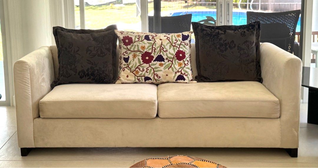Export Quality 3-seater sofa/day bed (Category: Sofas) located in Muntinlupa City. Submitted by giansvanhoven (Listing ID 1364296519, Image 1). Description: Selling Pampanga-made but export quality/internationally sold mid century style sofa, can function as a day bed. VERY comfortable and luxurious. Recently reupholstered with muted champagne colored velvet/suede type fabric . Price: 60k Initially purchased for around 150k. Dimensions: Length- 8