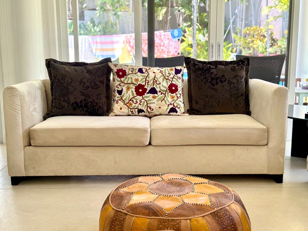 Export Quality 3-seater sofa/day bed (Category: Sofas) located in Muntinlupa City. Submitted by giansvanhoven (Listing ID 1364296519, Image 2). Description: Selling Pampanga-made but export quality/internationally sold mid century style sofa, can function as a day bed. VERY comfortable and luxurious. Recently reupholstered with muted champagne colored velvet/suede type fabric . Price: 60k Initially purchased for around 150k. Dimensions: Length- 8