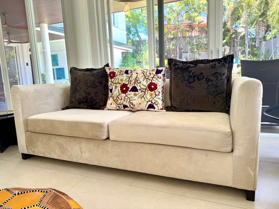 Export Quality 3-seater sofa/day bed (Category: Sofas) located in Muntinlupa City. Submitted by giansvanhoven (Listing ID 1364296519, Image 3). Description: Selling Pampanga-made but export quality/internationally sold mid century style sofa, can function as a day bed. VERY comfortable and luxurious. Recently reupholstered with muted champagne colored velvet/suede type fabric . Price: 60k Initially purchased for around 150k. Dimensions: Length- 8