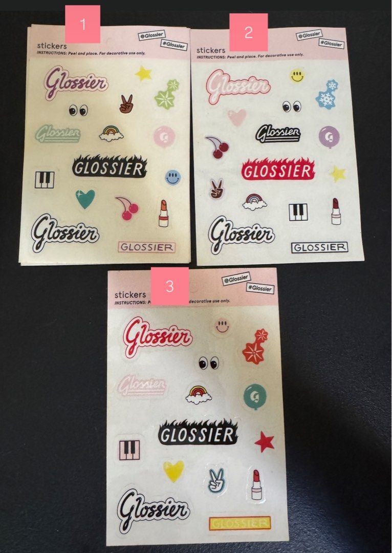 Glossier Stickers (Category: Makeup) located in Las Pinas. Submitted by biatster (Listing ID 1106655447, Image 1). Description: STICKER PADS - COLLECTOR’S ITEM 😉 ₱ 1300 per pad • glossier seasonal - ₱200 each 1 pcs Spring-summer ‘21❌ 1 pc Winter ‘19-‘20 ❌ 1 pc Spring 2020 ❌ 1 pc Summer 2019 ❌ 1 pc Summer 2020 ❌ 1 pc Winter 2020❌ 1 pc Winter ‘18-‘19 (holo) ❌ 1 pc Fall 2019 ❌ 1 pcs Fall 2021❌ 3 pcs Winter 2021 4 pcs You Look Good ₱350 1 pc Los Ang