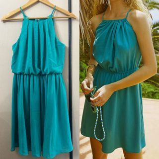 HALTERED BEACH DRESS | SHORT SUMMER DRESS | MINI SLEEVELESS DRESS | WEDDING GUEST DRESS| COCKTAIL DRESS| EVENTS PARTY DRESS| SEXY DATE NIGHT DRESS | Y2K DRESS | COQUETTE | ELEGANT BLUE GREEN DRESS | CLASSY FLOWY DRESS |