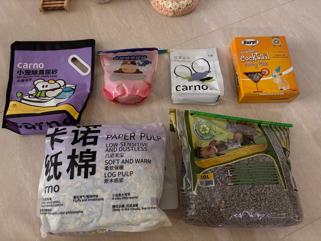 Hamster cage and accessories (Category: Homes & Other Pet Accessories) located in Singapore. Submitted by arcaieeee (Listing ID 1364265551, Image 2). Description: FIRST PICTURE: 60cm Hamster Cage - $40 Each item for $3 SECOND PICTURE: All for $15 -Bathing sand $2 -Urine sand $2 -Urine sand $2 -Hamster food (New) $5 -Paper pulb $2 -Hamster bedding $3.