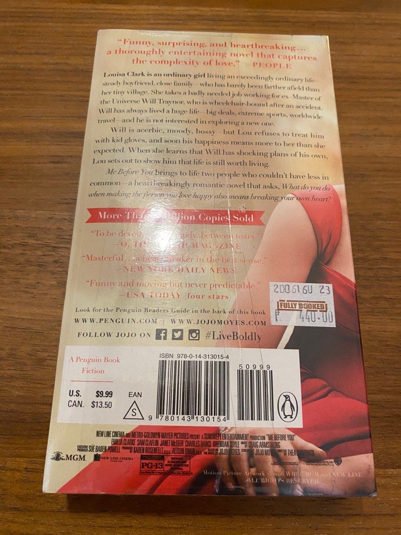 Me Before You by Jojo Moyes (Category: Storybooks) located in Quezon City. Submitted by practicalnanay (Listing ID 1364402440, Image 2). Description: Me Before You by Jojo Moyes Still sealed and purchased fr Fully Booked Buyer pays shipping fee via Lalamove/Grab (for same day) or J&T/LBC (if not rush) Pickup location: 1st Laguna St, Tandang Sora QC #fictionbooks #novel #decluttering #prelovedbooks.