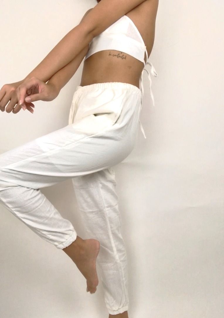 MIDDAY Tie-String Linen Jogger Pants in Off-White (Category: Sets or Coordinates) located in Mandaluyong City. Submitted by mgmx_ (Listing ID 1364308676, Image 2). Description: GABRIELLE SERIES - SAMPLE SALE A fresh alternative to the usual jogger pants. Made from breathable linen material. - Also available in Beige color (see separate listing) - Pair it with DAWN linen top (see separate listing) - Fully adjustable waist strings - Side pockets - 