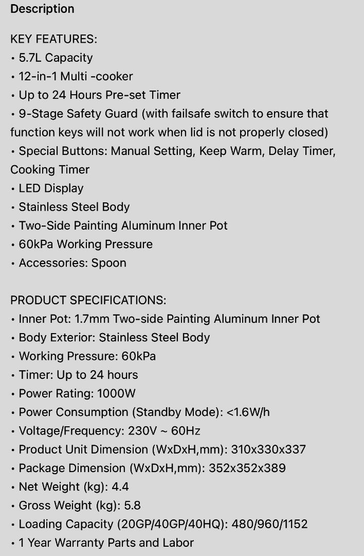 Midea 12-in-1 MultiCooker with Pressure Cooker Function (Category: Cookers) located in Caloocan City. Submitted by ditass160724 (Listing ID 1364360783, Image 2). Description: KEY FEATURES: 5.7L capacity 12 in 1 Multi Cooker Up to 24 hours Pre-set Timer 9-Stage Safety Guard (w/failsafe switch to ensure that function keys will not work when lid is not properly closed) Special Buttons: Manual Setting, Keep Warm, Delay Timer, Cooking Timer, LED Displ