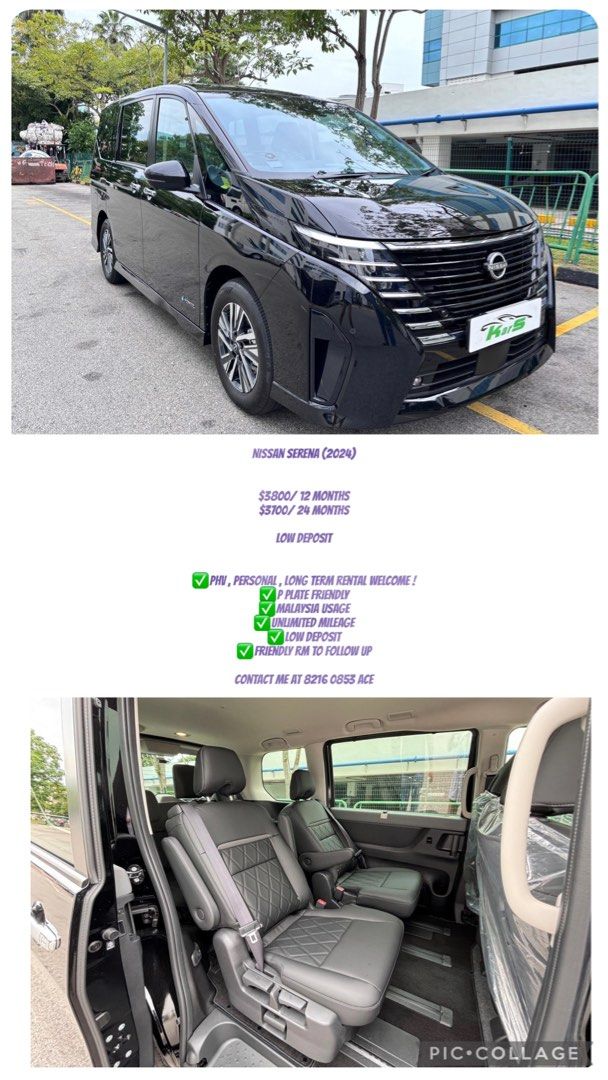 Nissan Serena (Category: Car Rental) located in Singapore. Submitted by smrr_carrentals (Listing ID 1364236068, Image 1). Description: Nissan Serena $3800/12 months $3700/24 months Low deposit ✅Phv , personal , long term rental welcome ! ✅p plate friendly ✅Malaysia usage ✅unlimited mileage ✅low deposit ✅friendly RM to follow up Contact me at 8216 0853 ACE.
