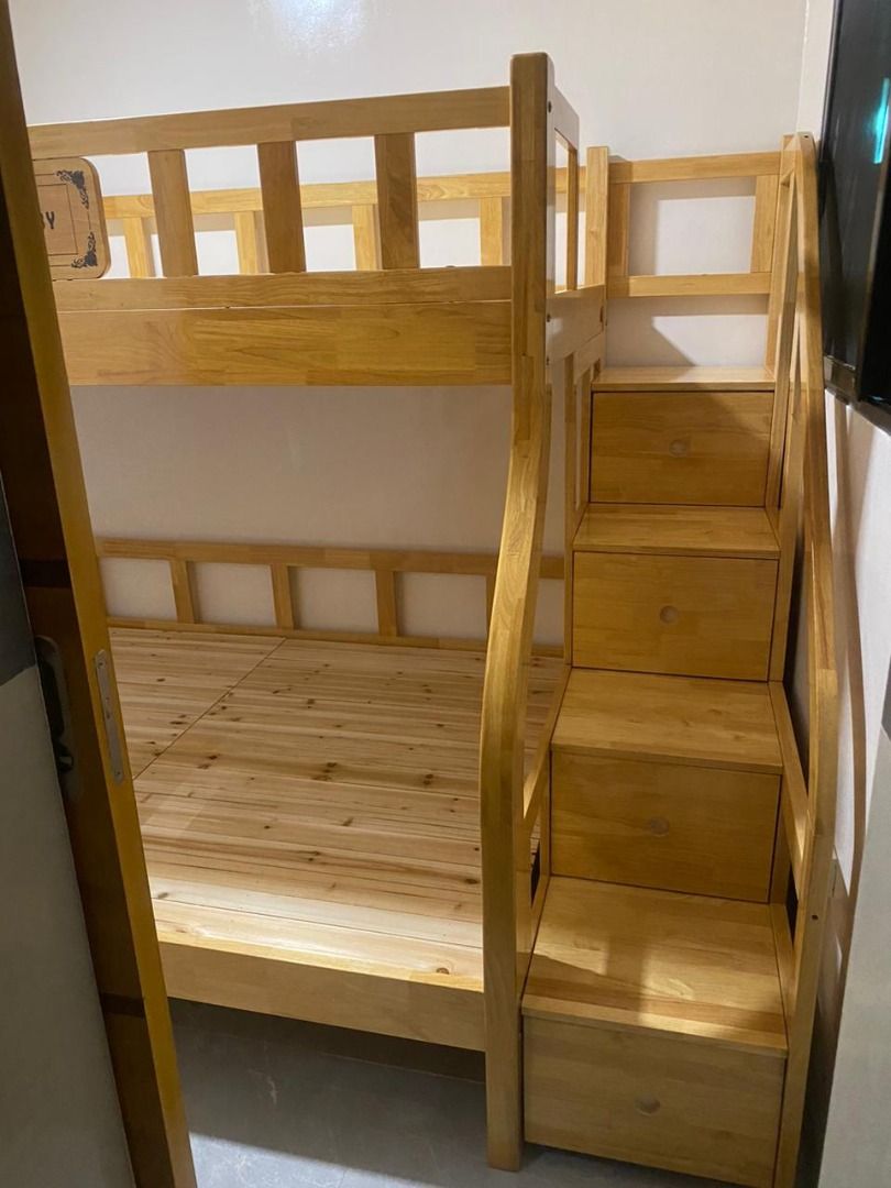 Solid Wood Bunk Bed / Double Deck Bed BD408 (Category: Bed Frames & Mattresses) located in Quezon City. Submitted by michymacapagal (Listing ID 1364299245, Image 3). Description: Size/s: (Wood Color Only) 120cm (48in) * 190cm (75in) Single= ₱ 17,500 with Bottom Drawer = ₱ 21,500, with 100cm pull out Bed = ₱ 27,500, with Stair Drawer = ₱ 24,500. 135cm (54in) * 190cm (75in) Double= ₱ 19,000 with Bottom Drawer = ₱ 23,000, with 120cm pull out Bed = ₱