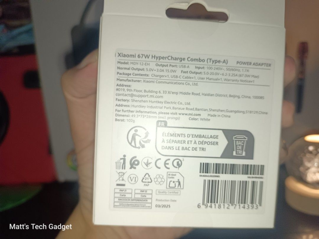 Xiaomi Hypercharge 67W Charger Original Same as bundled in Box (Category: Chargers & Cables) located in Pasig City. Submitted by matts.tech.gadget (Listing ID 1364368744, Image 3). Description: Selling Brandnew Sealed Original Xiaomi 67Watts Hypercharge Charger -P850 Fixed Compatible on all Poco, Xiaomi, Redmi,Blackshark With 67W Max Compatibility Check and Test Pick up pra m test Santolan Pasig Location.