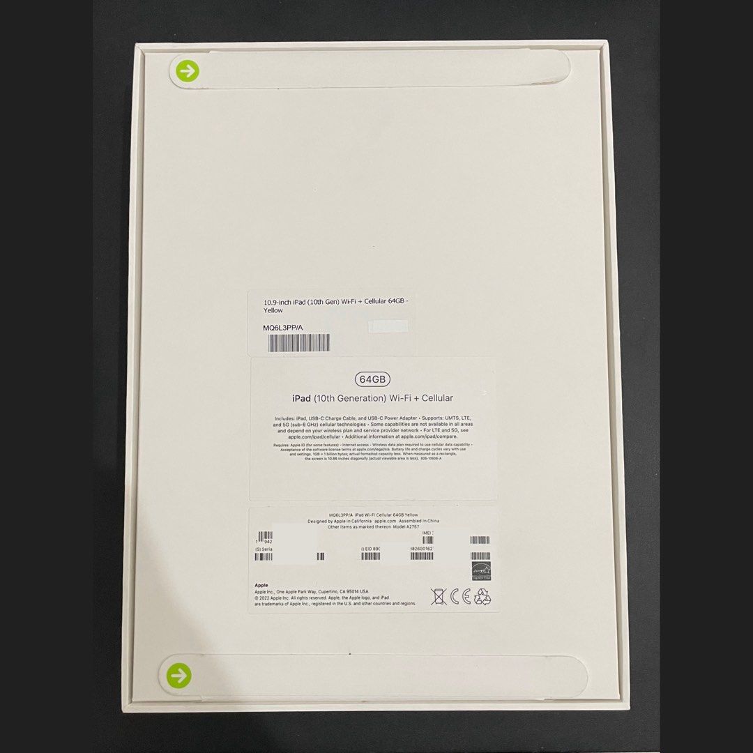 Apple 10.9” iPad (10th Gen) Wi-Fi + 5G Cellular (Category: iPad) located in Malabon City. Submitted by jfshop_online (Listing ID 1364546754, Image 2). Description: Brandnew sealed NTC Local Variant WiFi + Cellular 5G Openline Yellow 64gb.