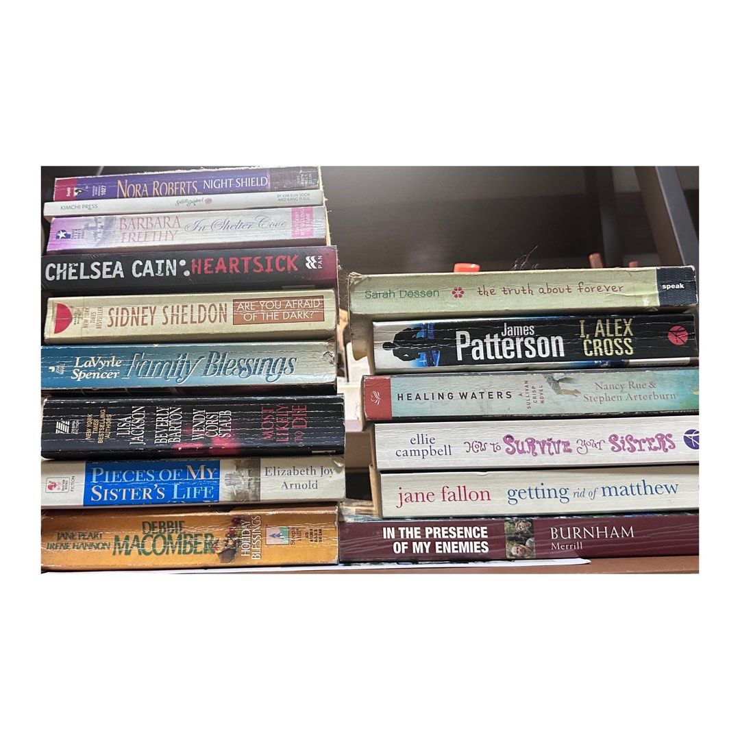 assorted paperbacks (₱50 each) (Category: Storybooks) located in Rizal. Submitted by loveand.beloved (Listing ID 1364564881, Image 1). Description: random paperbacks for ₱50 each! these are all preloved so please manage your expectations ⁠♡ bundle ✅ prio taking more ⛦ night shield . nora roberts ⛦ heartsick . chelsea cain ⛦ are you afraid of the dark? . sidney sheldon ⛦ family blessings . lavyrle spencer ⛦ most likely to die ⛦ pieces of my sister