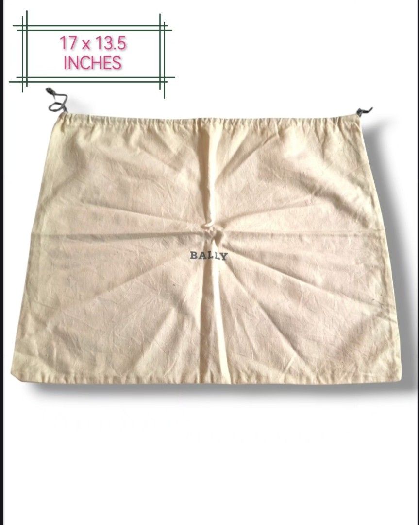 Authentic BAllY dustbag (Category: Luxury Bags & Wallets) located in Quezon City. Submitted by maneradesignersboutique (Listing ID 1364488234, Image 1). Description: Money back Guarantee 💯% Guaranteed authentic *Brand: B*LLY dustbag *Materials: COTTON *Color: Cream white *Size: 17 x 13.5 INCHES *Condition: pre-loved -Used * Inclusions: NONE Open for LAYAWAY 20% down payment 80% payable in 60 - 90 days with 0 interest at regular posted price. Cli