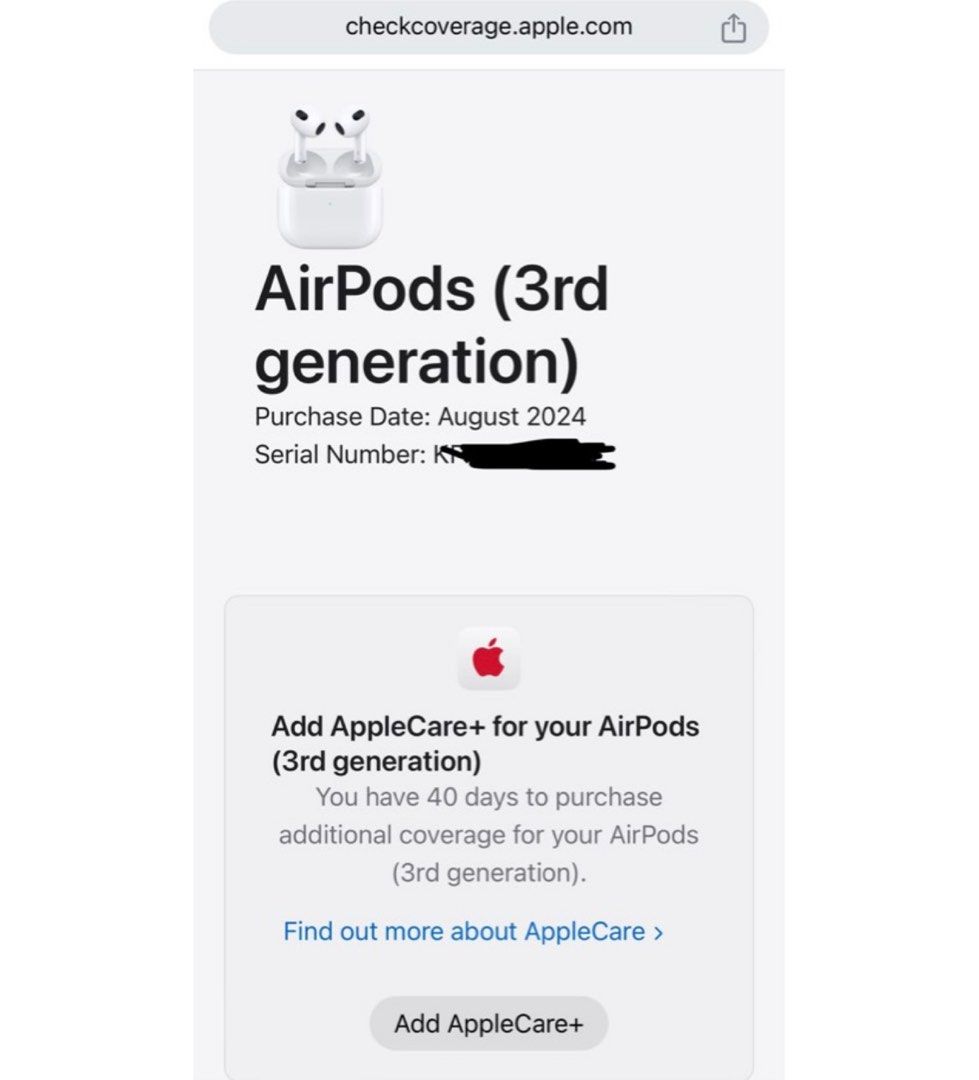 BN Sealed Apple Airpods Gen 3 (Category: Earphones) located in Singapore. Submitted by flowerillusion (Listing ID 1364576881, Image 3). Description: Selling cause i already have AirPods. Brand new in bag, got it in Sep 2024 authentic from Apple Store. One piece only and it’s still sealed. Can only deal this week as im leaving Singapore after Warranty available till Aug 2025 Meet up at Paya Lebar or somewhere more central Genuine buyers only, woul