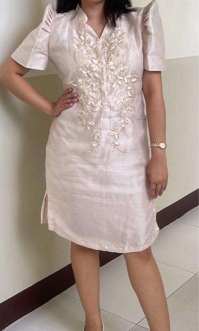 FOR RENT ONLY) Barong Dress Beige Modern Filipiniana Graduation Oath  Taking, Women's Fashion, Dresses & Sets, Dresses on Carousell