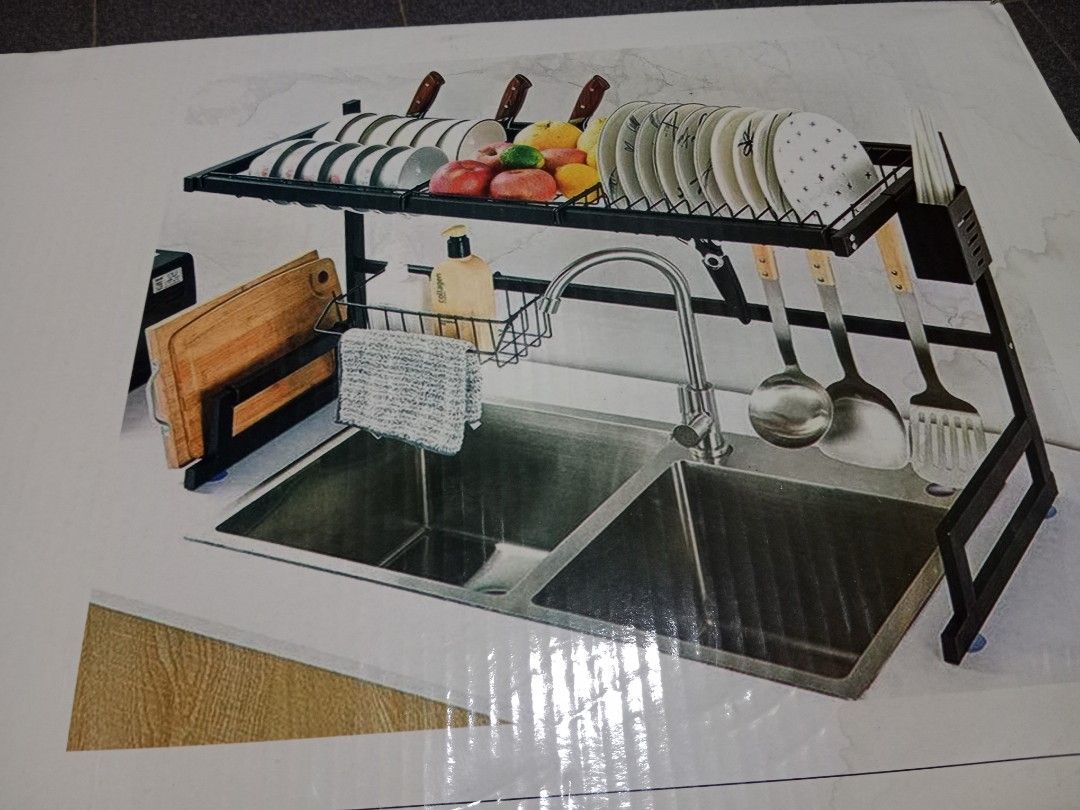 Kitchen Rack (Category: Other Kitchenware & Tableware) located in Singapore. Submitted by clickztobuy (Listing ID 1364480892, Image 2). Description: Over-sink Draining Rack to drain water after washing mugs, chopping board, cups, mugs or bottle. Black Stainless steel This is a DIY set, please fixed it yourself..